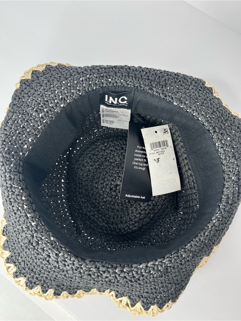 INC International Concepts Black Crochet Bucket Hat with Natural Trim - Picture 8 of 8